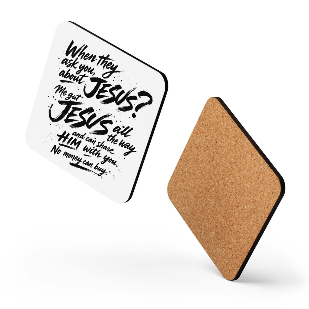 Jesus All the Way coaster showing glossy top and natural cork back