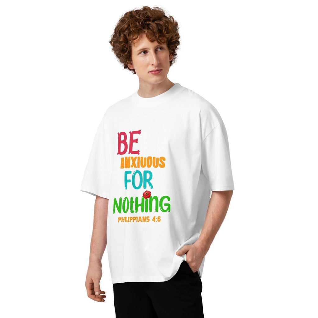 Back view of model in the oversized white tee