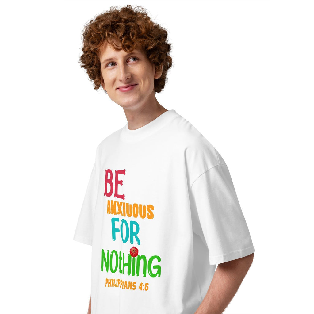 Be Anxious for Nothing tee close-up on model