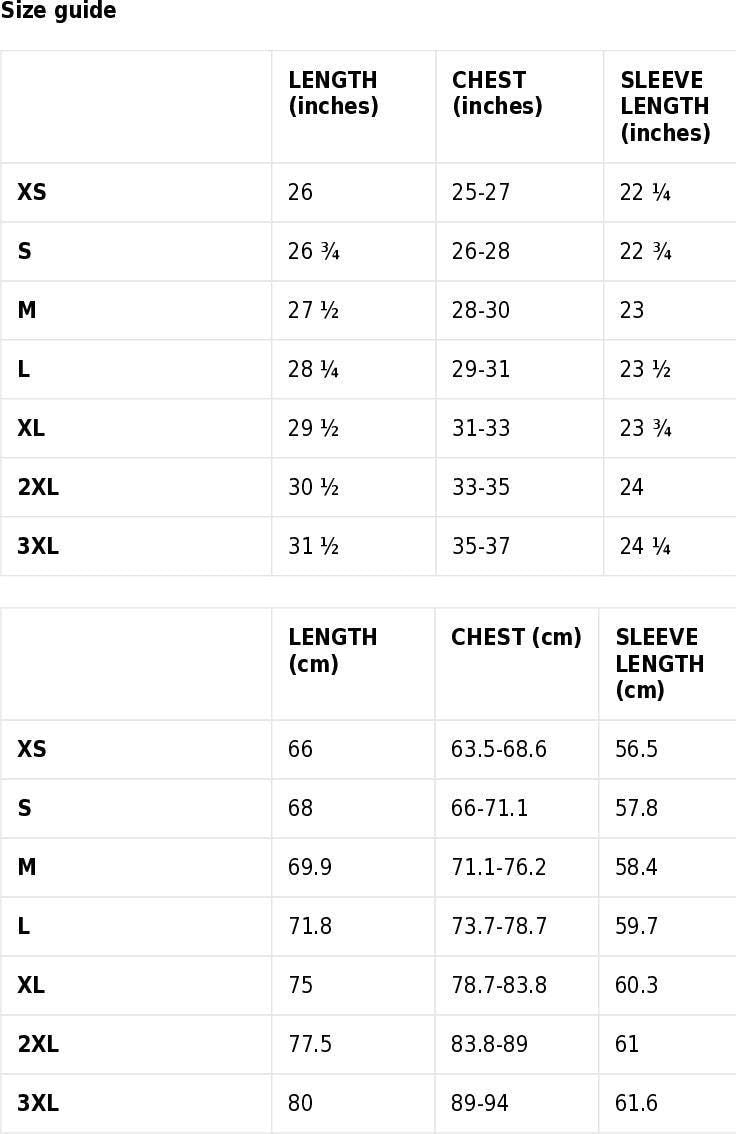 Vintage crewneck size chart