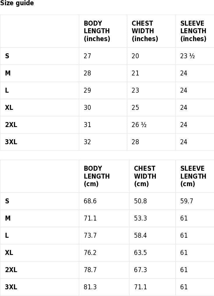 Crewneck sweatshirt size chart