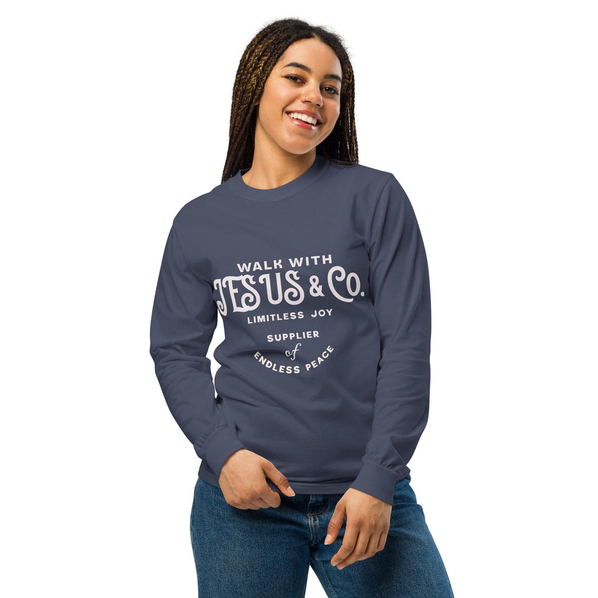 Woman wearing the navy Walk With Jesus & Co Christian long sleeve shirt