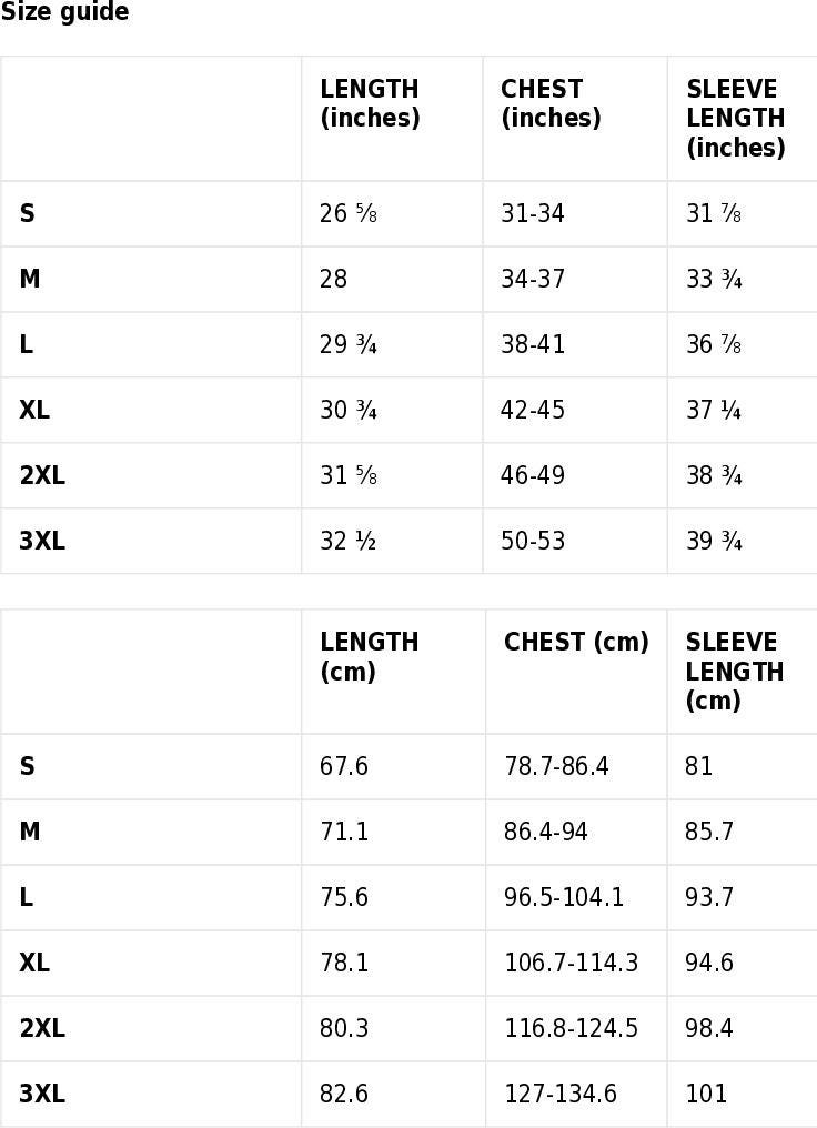 Size chart for the Walk With Jesus & Co long sleeve shirt