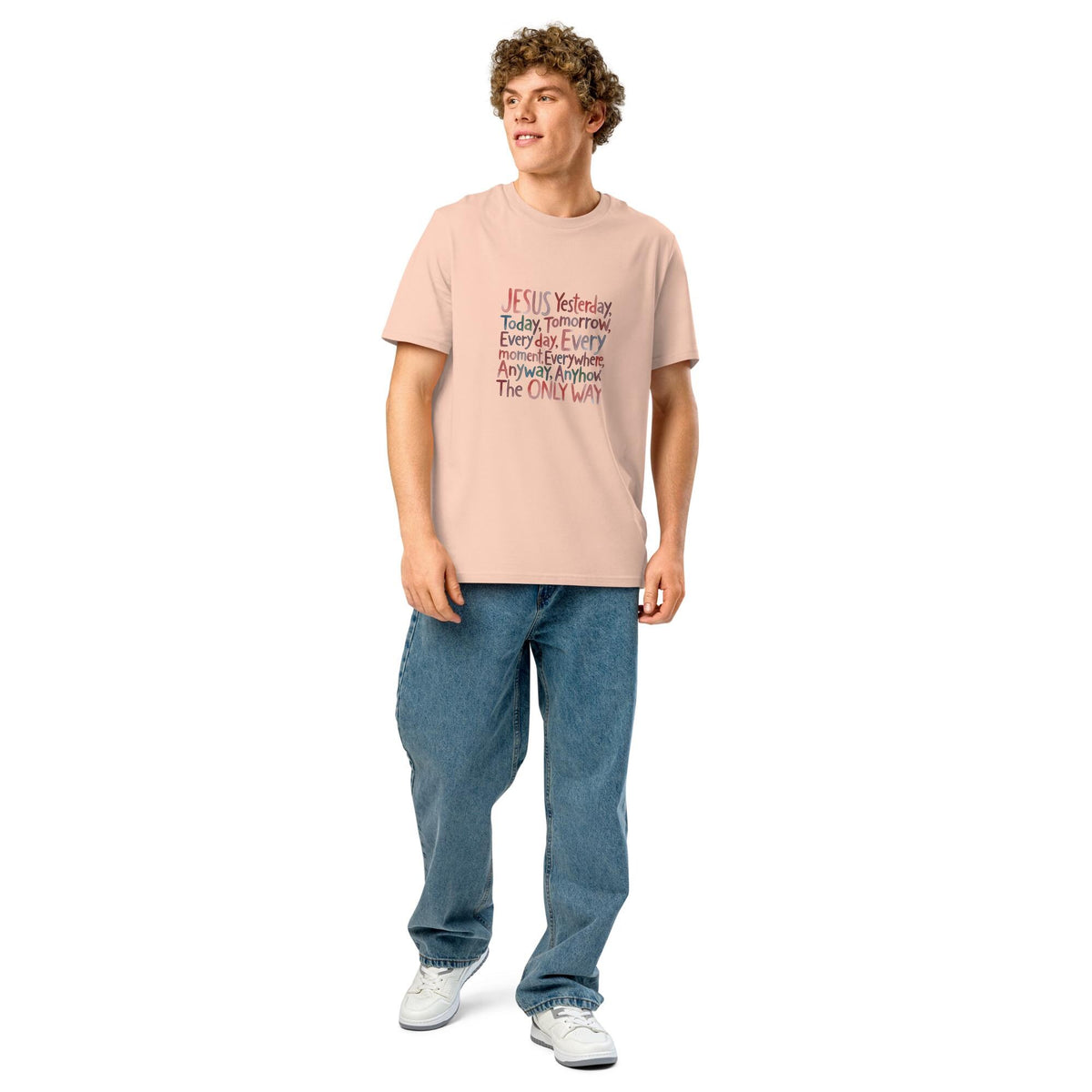 Model wearing the peach Jesus The Only Way organic Christian tee