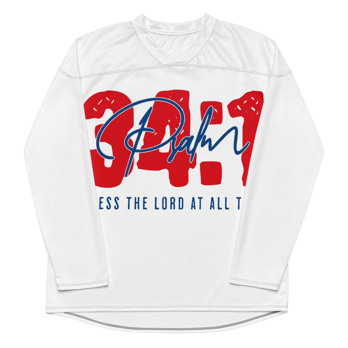 Psalm 34:1 Christian hockey jersey, white with red 34:1 and Bless the Lord at All Times