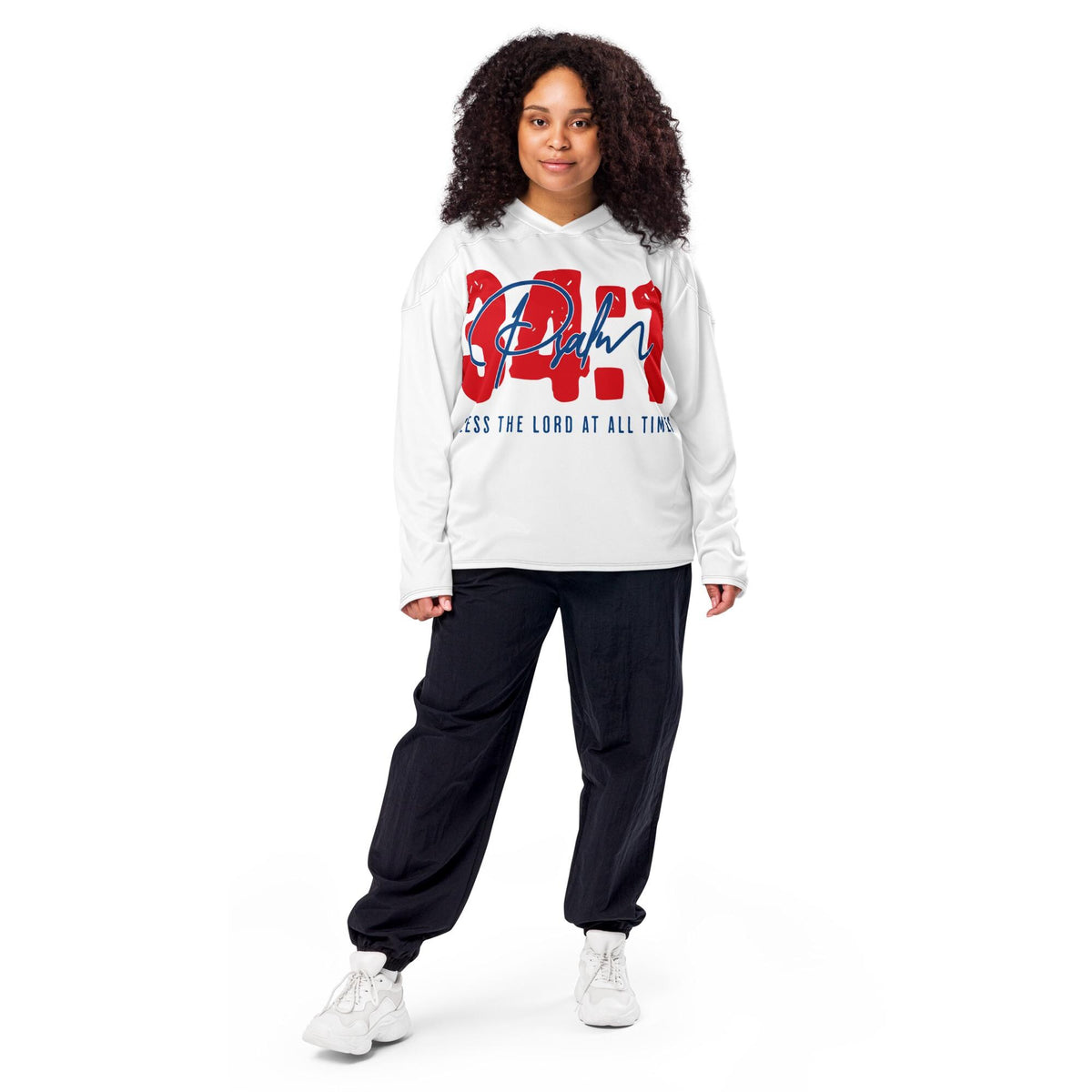 Psalm 34:1 Christian hockey jersey on model