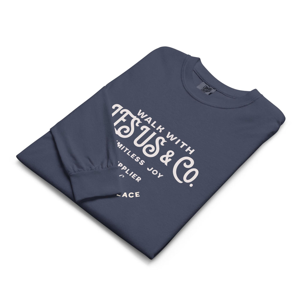 Folded navy Walk With Jesus & Co long sleeve shirt