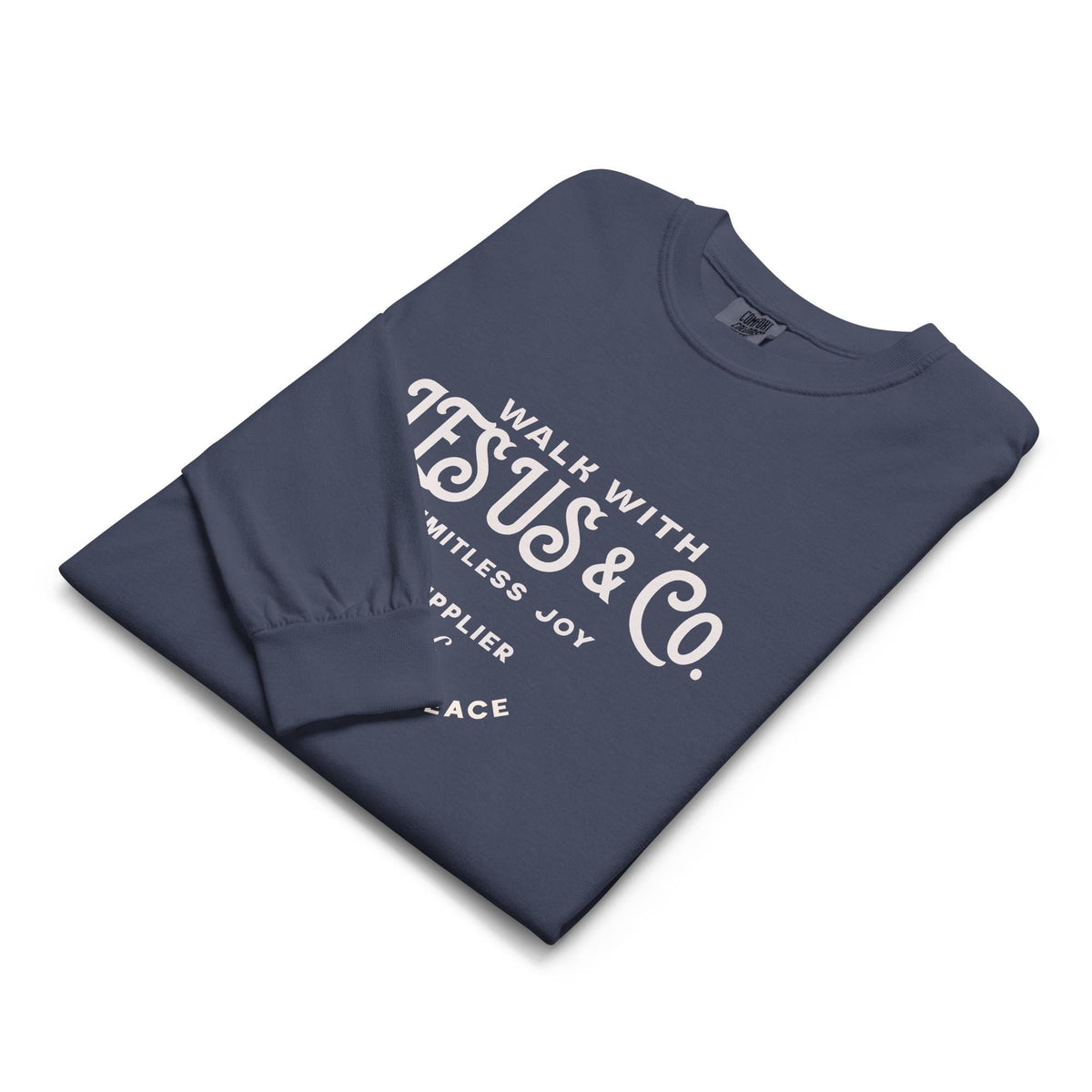 Folded navy Walk With Jesus & Co long sleeve shirt