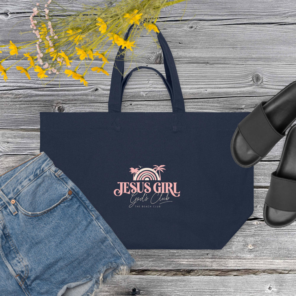 Navy Jesus Girl large canvas Christian tote styled with denim and sandals