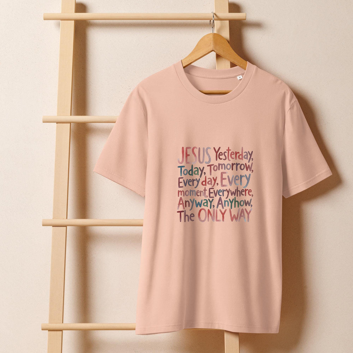 Peach Jesus Yesterday Today Tomorrow The Only Way Christian tee on a hanger