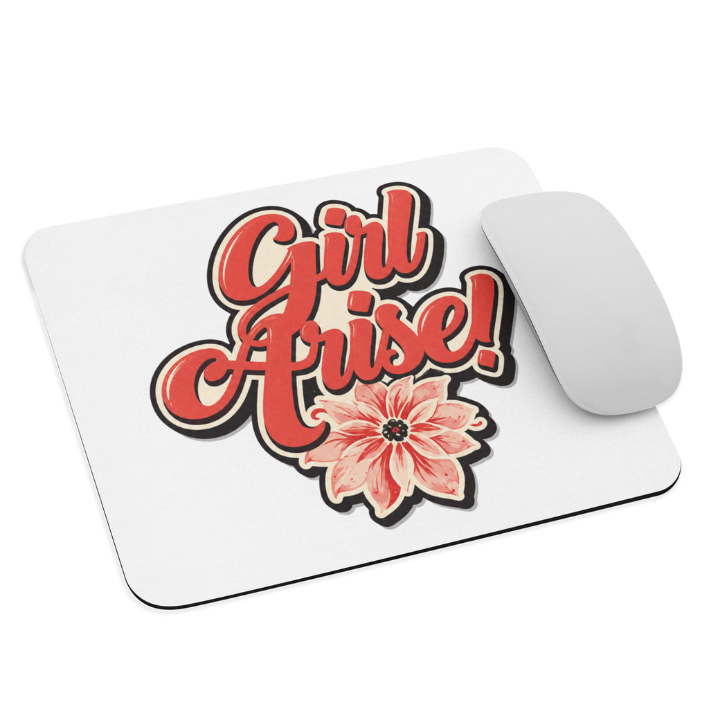Girl Arise! mouse pad on a desk with a wireless mouse