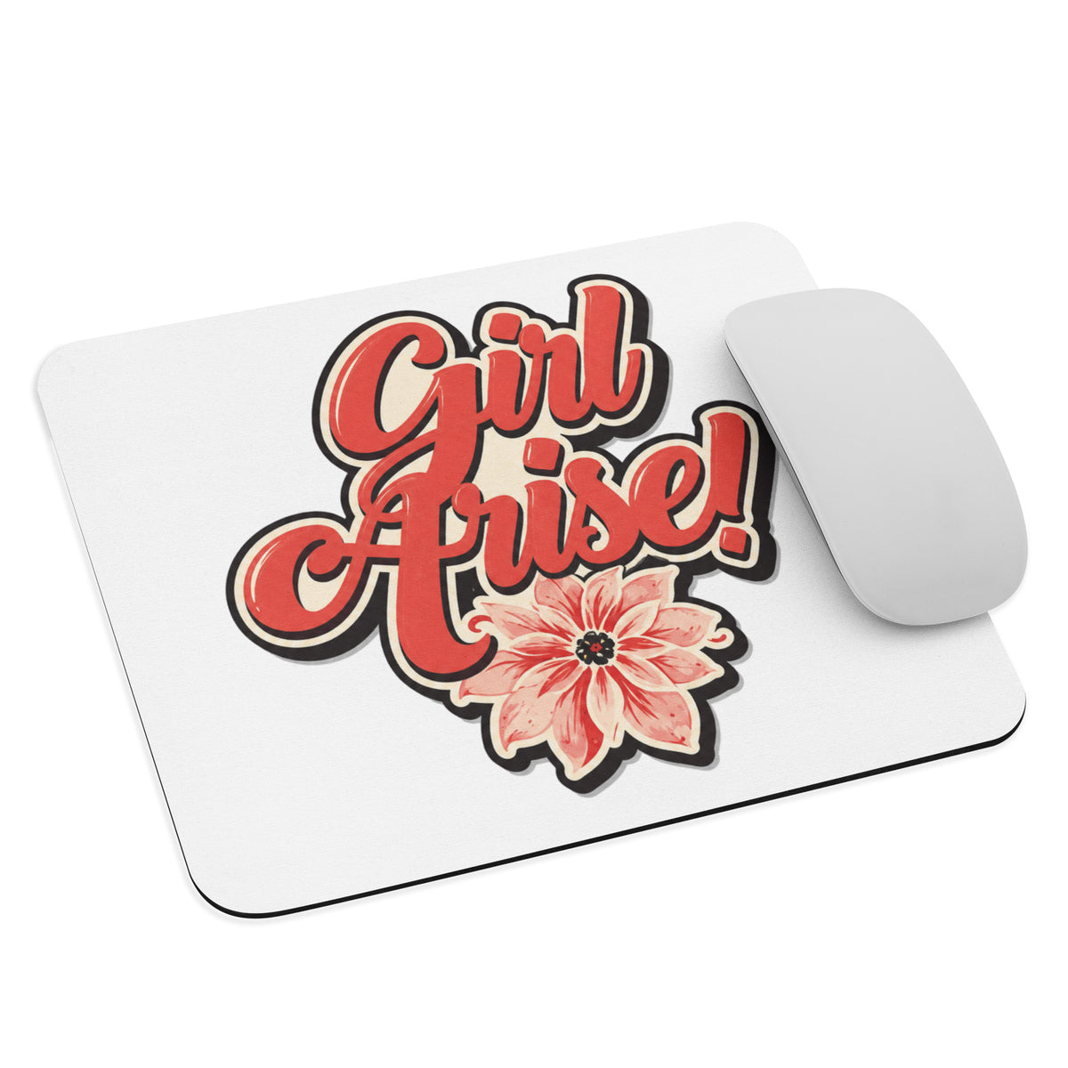 Girl Arise! mouse pad on a desk with a wireless mouse