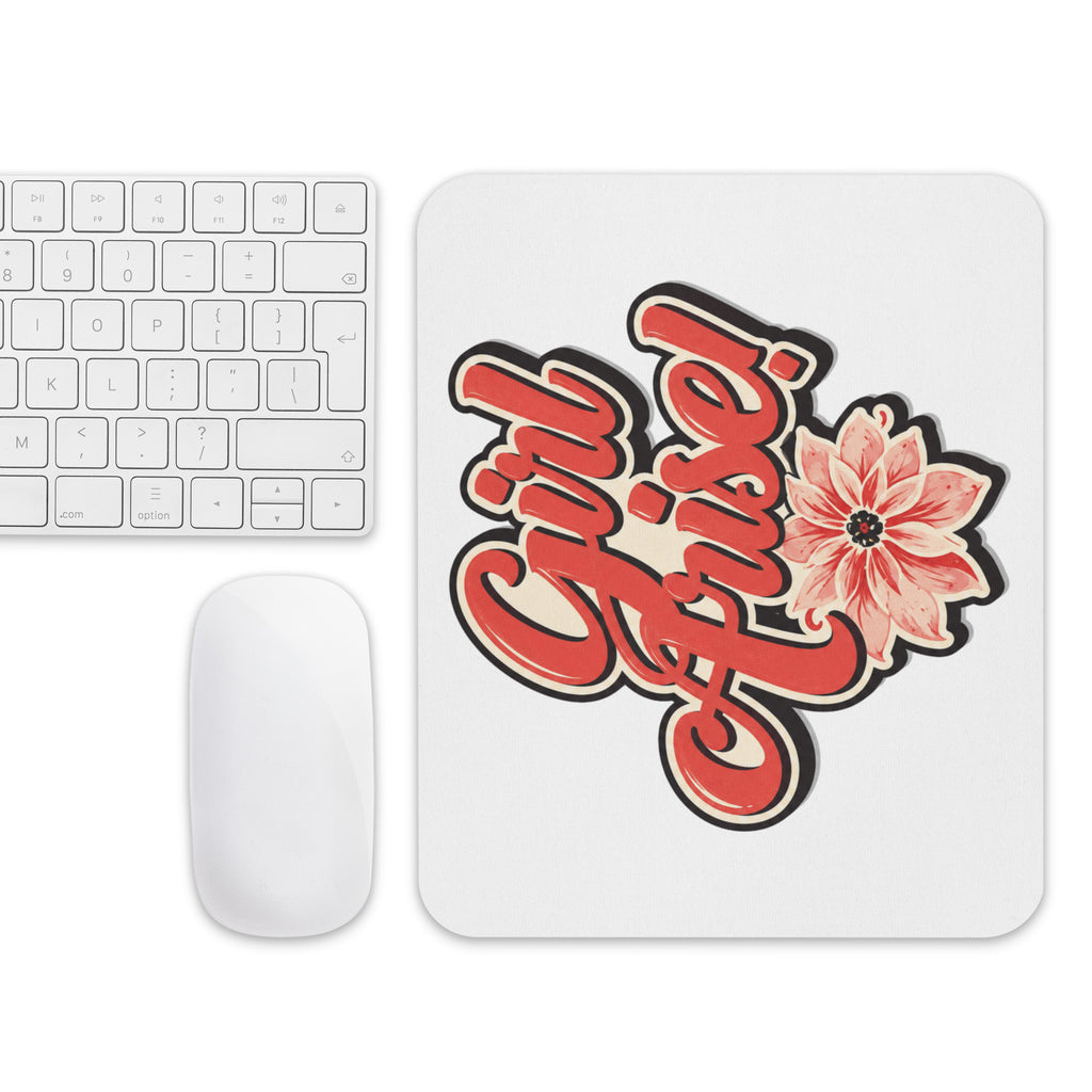 Girl Arise! mouse pad desk setup with keyboard and mouse