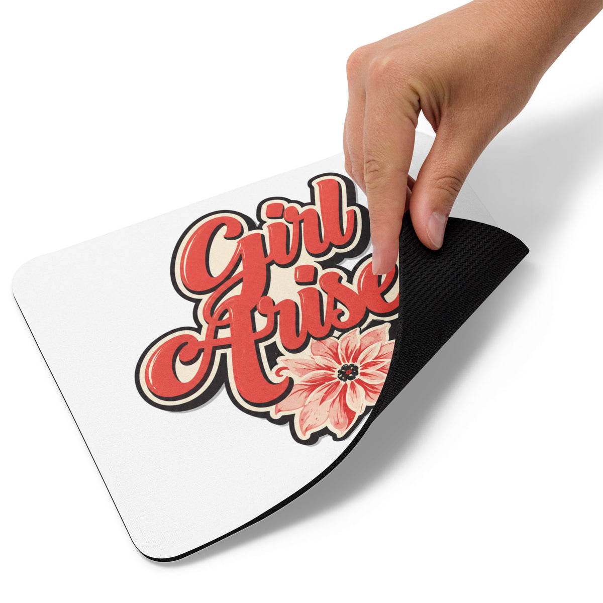 Girl Arise! mouse pad showing the non-slip rubber base